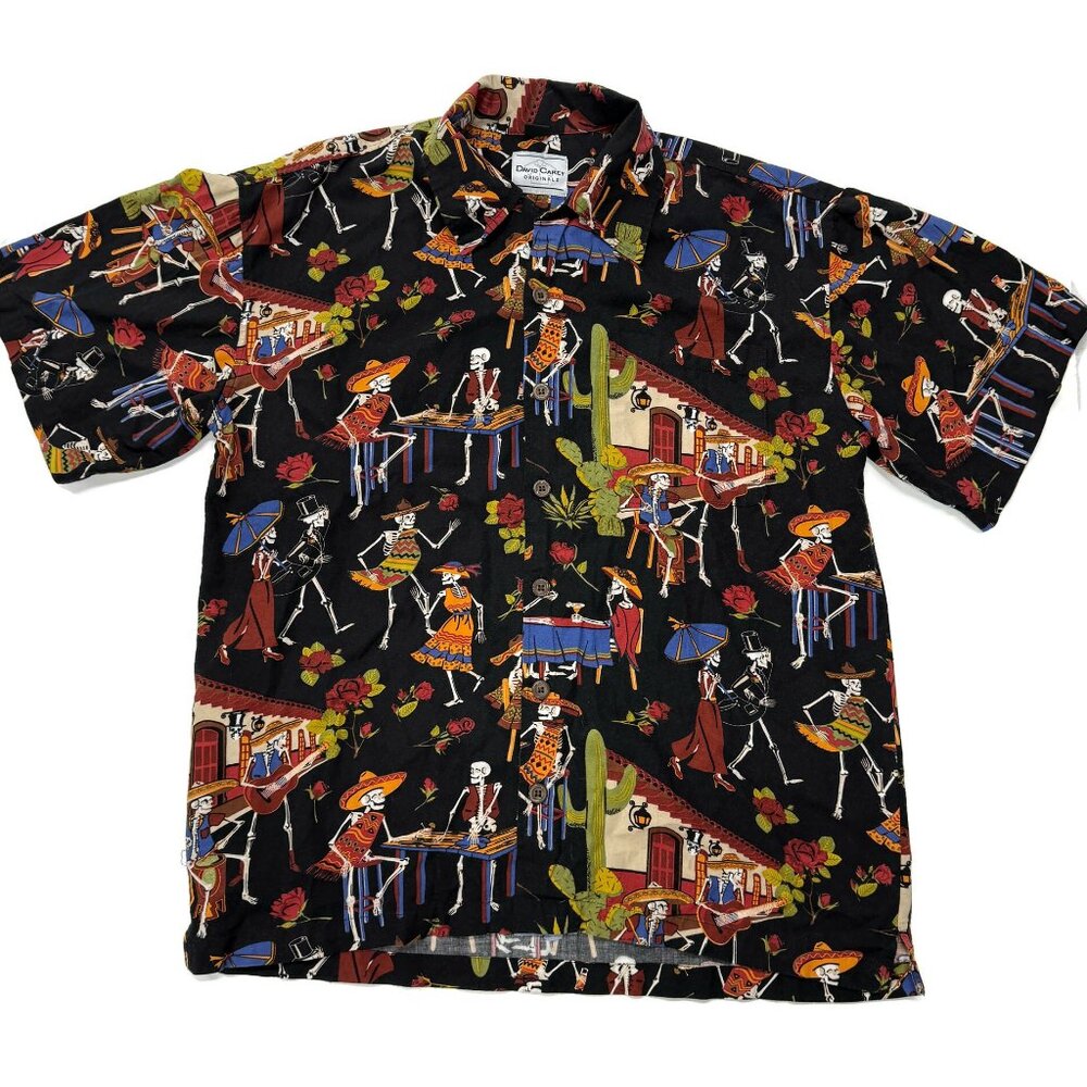 David Carey Camp Shirt Black with Skeletons Day of the Dead Mens Medium